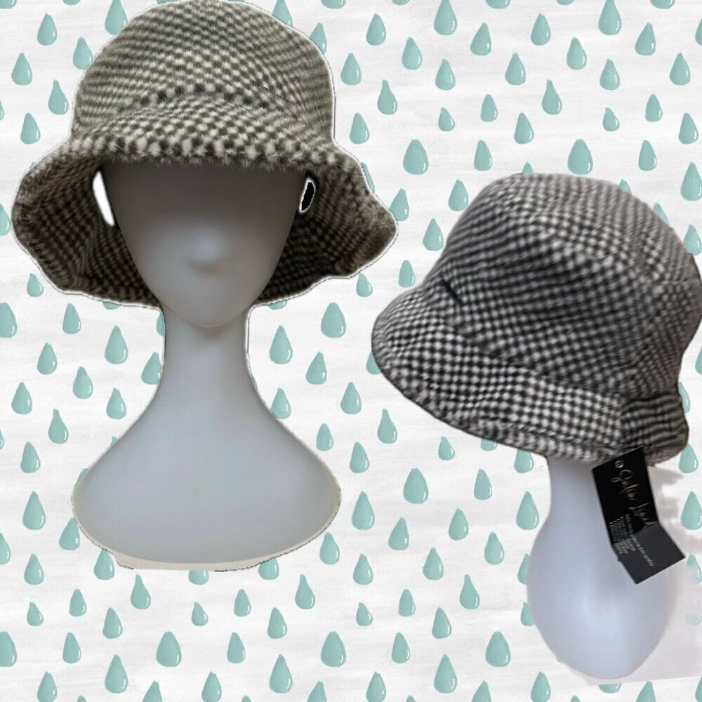 Steve Madden Gray-Eggshell Velour Print Logo Metal Plate Satin Lined Bucket Hat